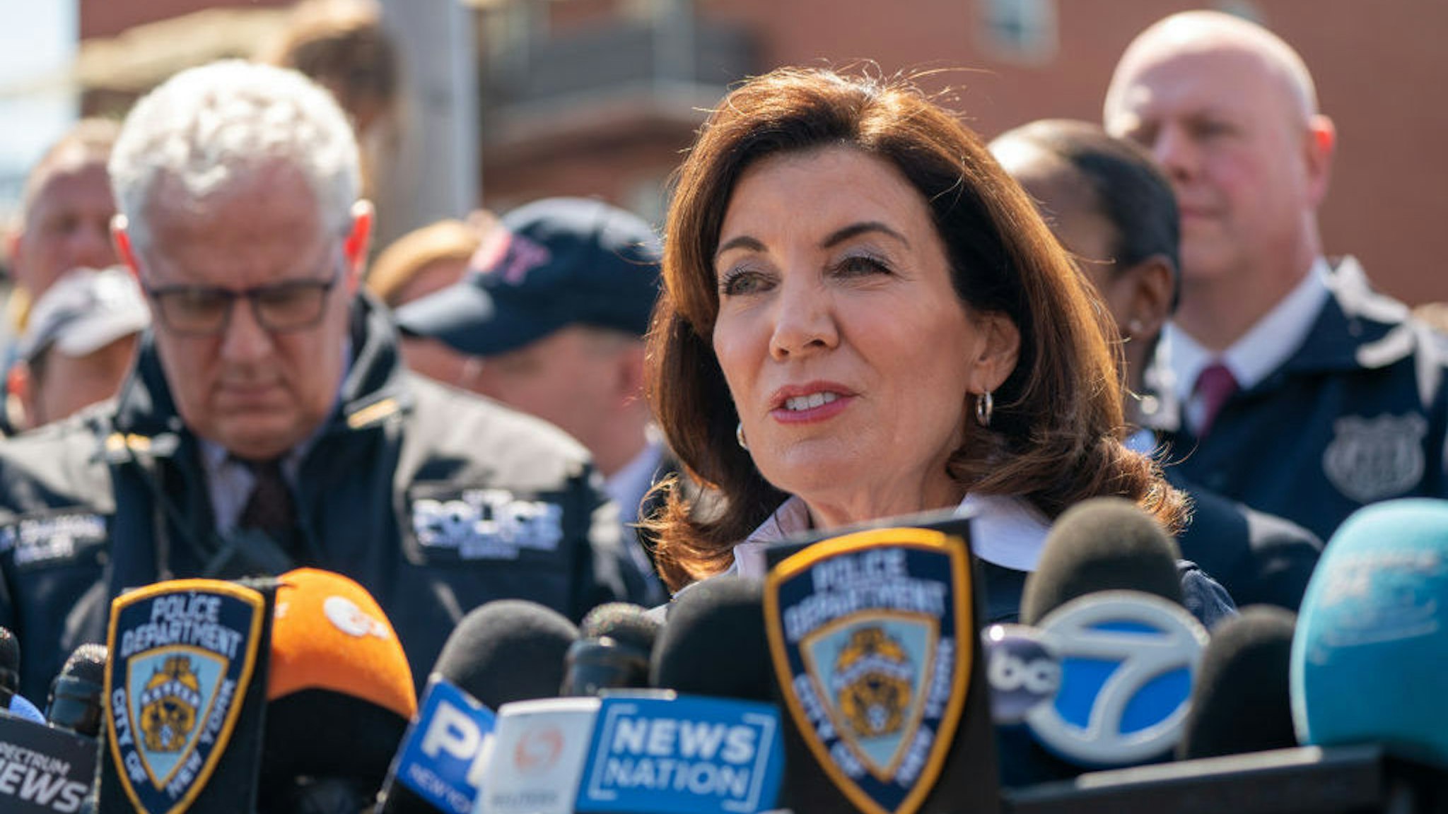 NEW YORK, NY - APRIL 12: New York State Governor Kathy Hochul speaks during a press conference at the site of a shooting at the 36 St subway station on April 12, 2022 in New York City. According to authorities, 16 people have been injured, including 10 with gunshot wounds, in a shooting at the 36th Street and Fourth Avenue station in the Sunset Park neighborhood. (Photo by David Dee Delgado/Getty Images)