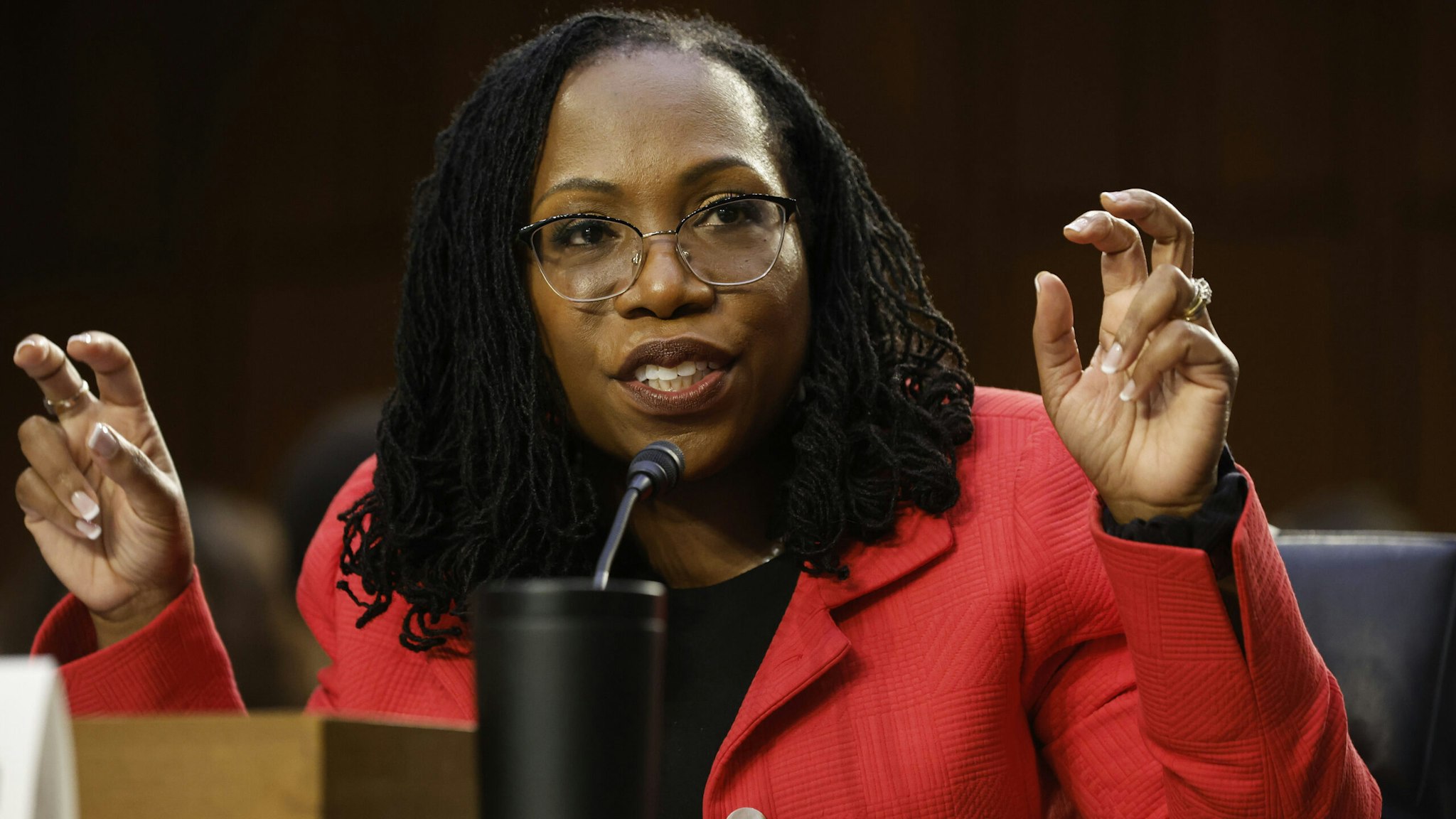 WASHINGTON, DC - MARCH 22: U.S. Supreme Court nominee Judge Ketanji Brown Jackson testifies during her confirmation hearing before the Senate Judiciary Committee in the Hart Senate Office Building on Capitol Hill, March 22, 2022 in Washington, DC. Judge Ketanji Brown Jackson, President Joe Biden's pick to replace retiring Justice Stephen Breyer on the U.S. Supreme Court, would become the first Black woman to serve on the Supreme Court if confirmed.
