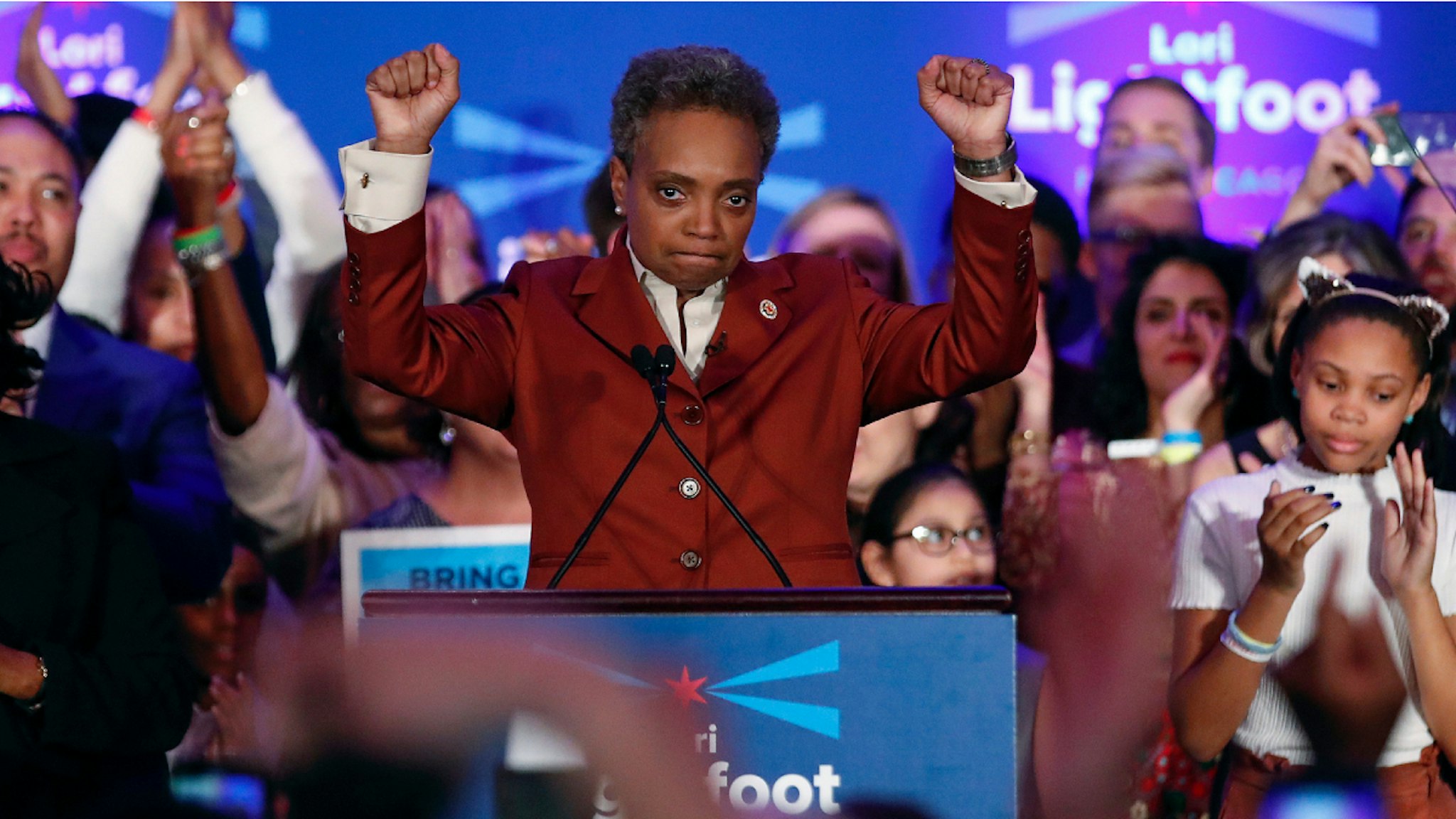 TOPSHOT - Chicago mayor elect Lori Lightfoot speaks during the election night party in Chicago, Illinois on April 2, 2019.