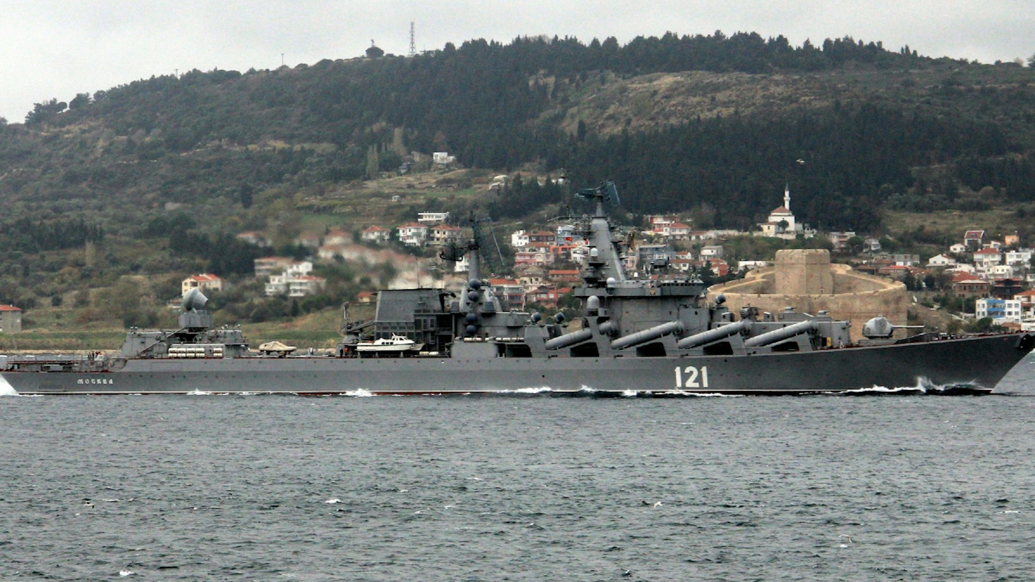 CANAKKALE, TURKIYE - (ARCHIVE): A file photo dated November 15, 2013 shows guided missile cruiser of the Russian Navy, Moskva, passing through the Dardanelles strait in Canakkale, Turkey. On 14th April 2022 the Russian Defense Ministry says fire had broken out on the Moskva. "As a result of a fire, ammunition exploded on the Moskva missile cruiser. The ship was seriously damaged. The crew was completely evacuated", the ministry said in a statement. Late Wednesday 13th April, Maksym Marchenko, the head of Ukraine's Odessa Regional Military Administration, said the Ukrainian military had struck the warship with two Neptune class anti-ship missiles, causing severe damage. On 14th April, Russia's defence ministry said that the ship had sunk "in stormy seas" while being towed to port.