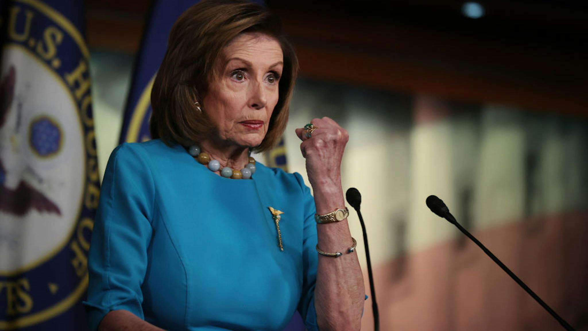 Speaker Pelosi Holds Weekly Press Conference WASHINGTON, DC - NOVEMBER 18: Speaker of the House Nancy Pelosi (D-CA) talks to reporters during her weekly news conference in the U.S. Capitol Visitors Center on November 18, 2021 in Washington, DC. Democratic leaders in the House are waiting on the final Congressional Budget Office cost estimate for President Joe Biden's Build Back Better before scheduling a vote on the $1.75 trillion social benefits and climate legislation this week.