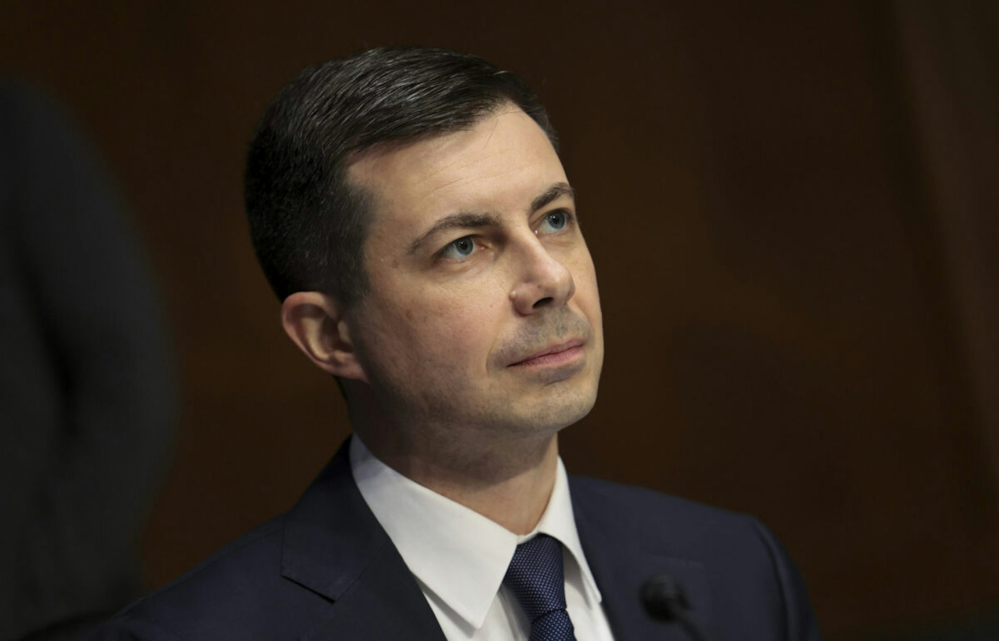 MARCH 02: U.S. Transportation Secretary Pete Buttigieg testifies before the Senate Environment and Public Works Committee at the Dirksen Senate Office Building on March 02, 2022 in Washington, DC.