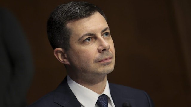 MARCH 02: U.S. Transportation Secretary Pete Buttigieg testifies before the Senate Environment and Public Works Committee at the Dirksen Senate Office Building on March 02, 2022 in Washington, DC.