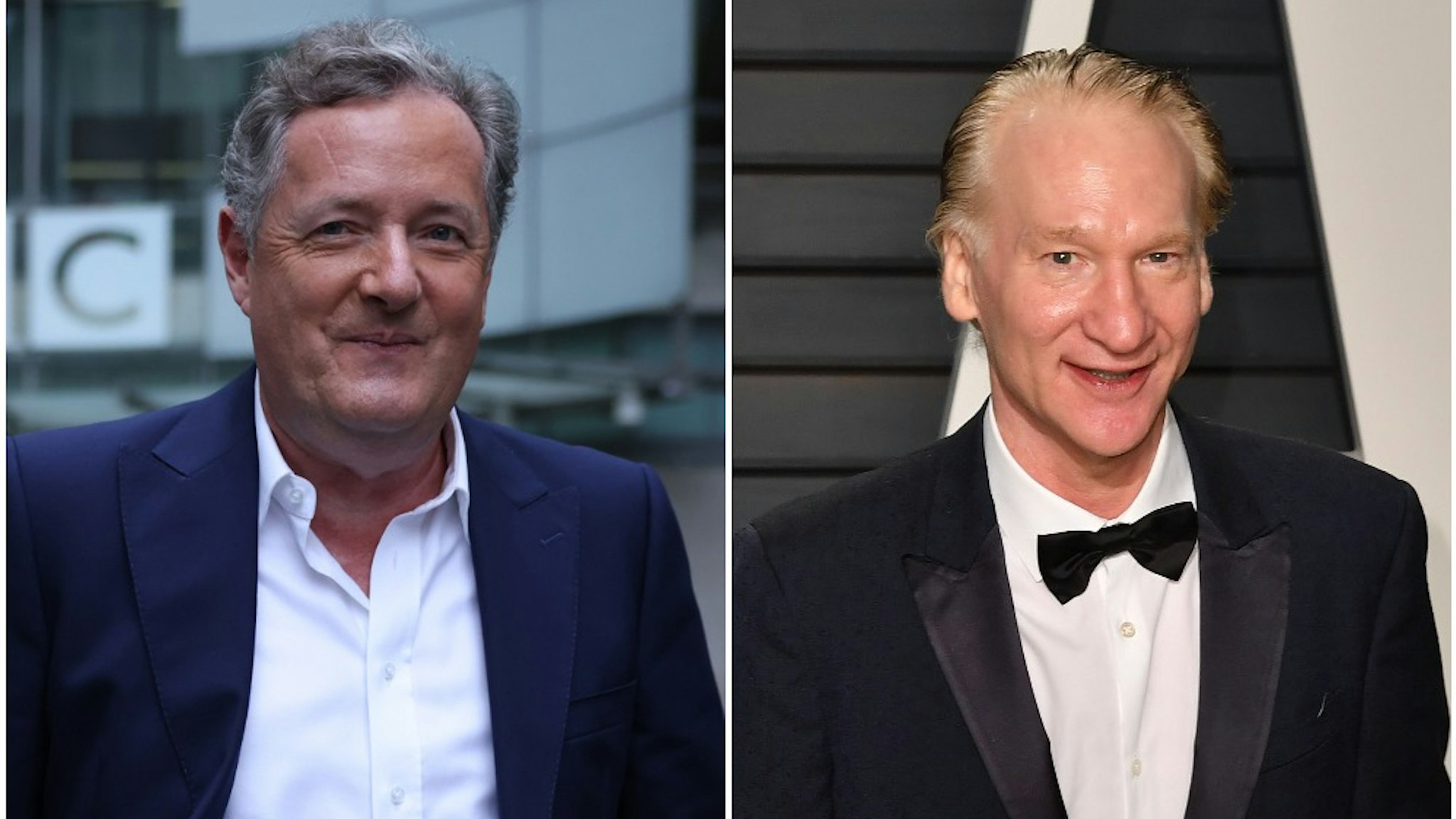 Piers Morgan takes his departure following his appearance on Sunday Morning at the BBC Broadcasting House on January 16, 2022 in London, England. Bill Maher attends the 2017 Vanity Fair Oscar Party hosted by Graydon Carter at Wallis Annenberg Center for the Performing Arts on February 26, 2017 in Beverly Hills, California.