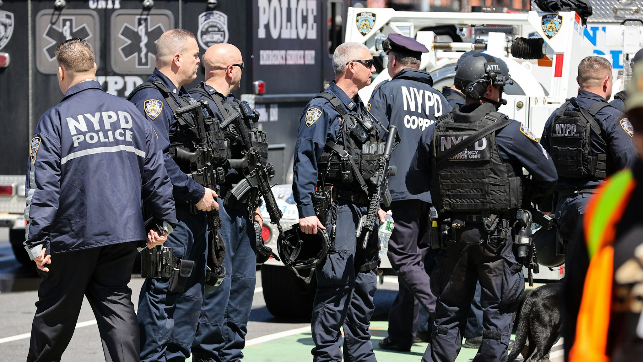 NEW YORK, USA - APRIL 12: New York City Police Department members investigate the crime scene after multiple people were shot and undetonated devices were found at a subway station in New York City, United States on April 12, 2022. Authorities said an investigation is underway and told residents to avoid the area of 36th Street and 4th Avenue in Brooklyn.