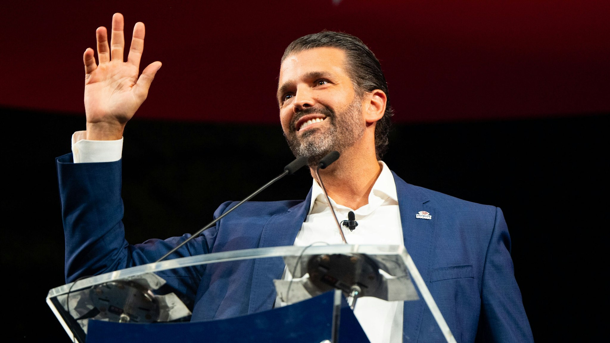 DALLAS, TEXAS - JULY 09: Donald Trump Jr. waves after speaking during the Conservative Political Action Conference CPAC held at the Hilton Anatole on July 09, 2021 in Dallas, Texas. CPAC began in 1974, and is a conference that brings together and hosts conservative organizations, activists, and world leaders in discussing current events and future political agendas.