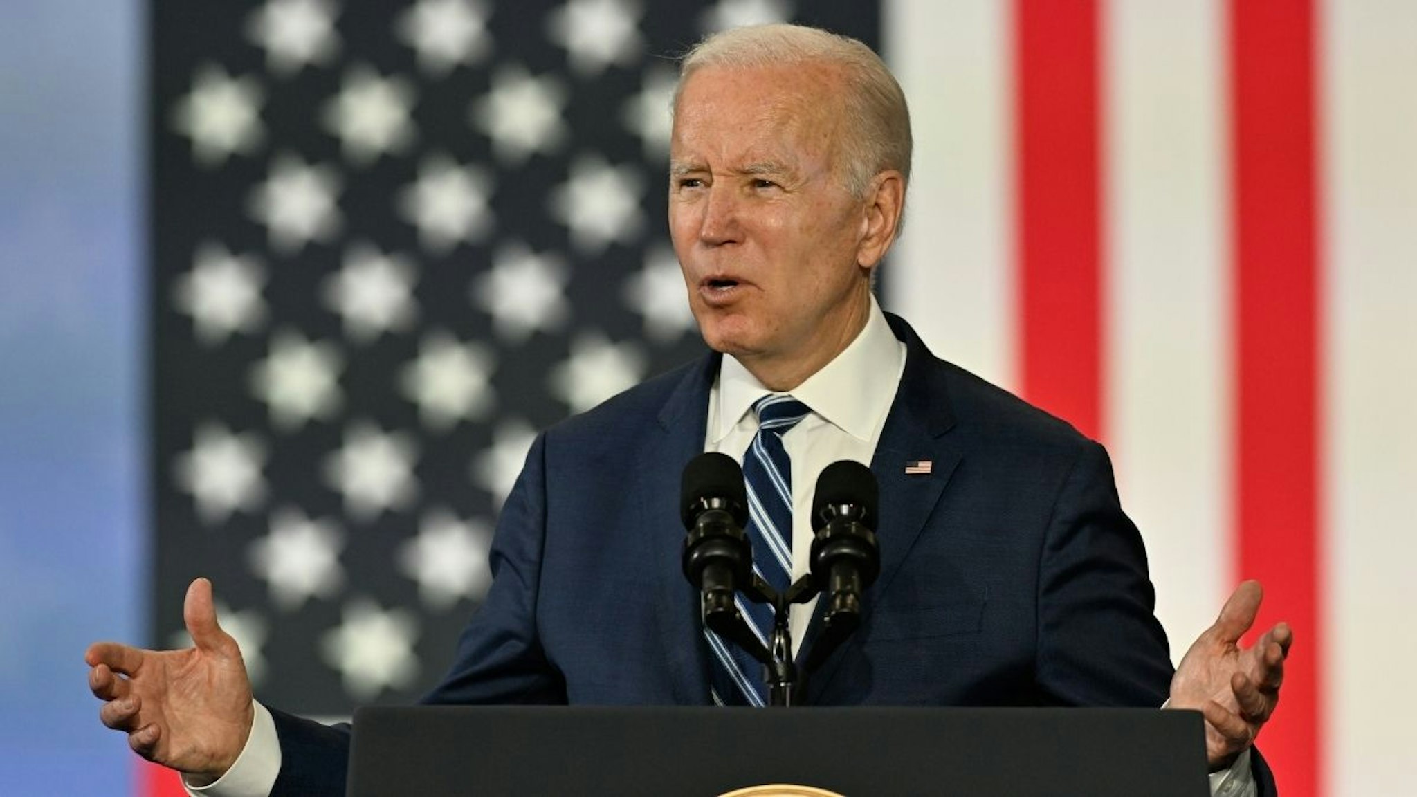 US President Joe Biden delivering remarks on his Administrationâs efforts to make more in America, rebuild our supply chains here at home, and bring down costs for the American people as part of Building a Better America in Greensboro, NC, on April 14, 2022.