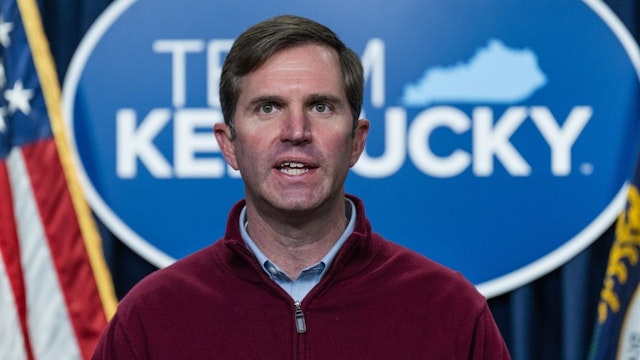 Andy Beshear, governor of Kentucky, speaks during a news conference in Frankfort, Kentucky, U.S., on Thursday, Jan. 27, 2022.