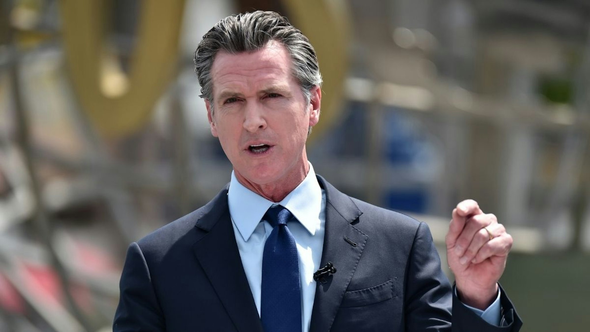California Governor Gavin Newsom attends California Governor Gavin Newsom's press conference for the official reopening of the state of California at Universal Studios Hollywood on June 15, 2021 in Universal City, California.