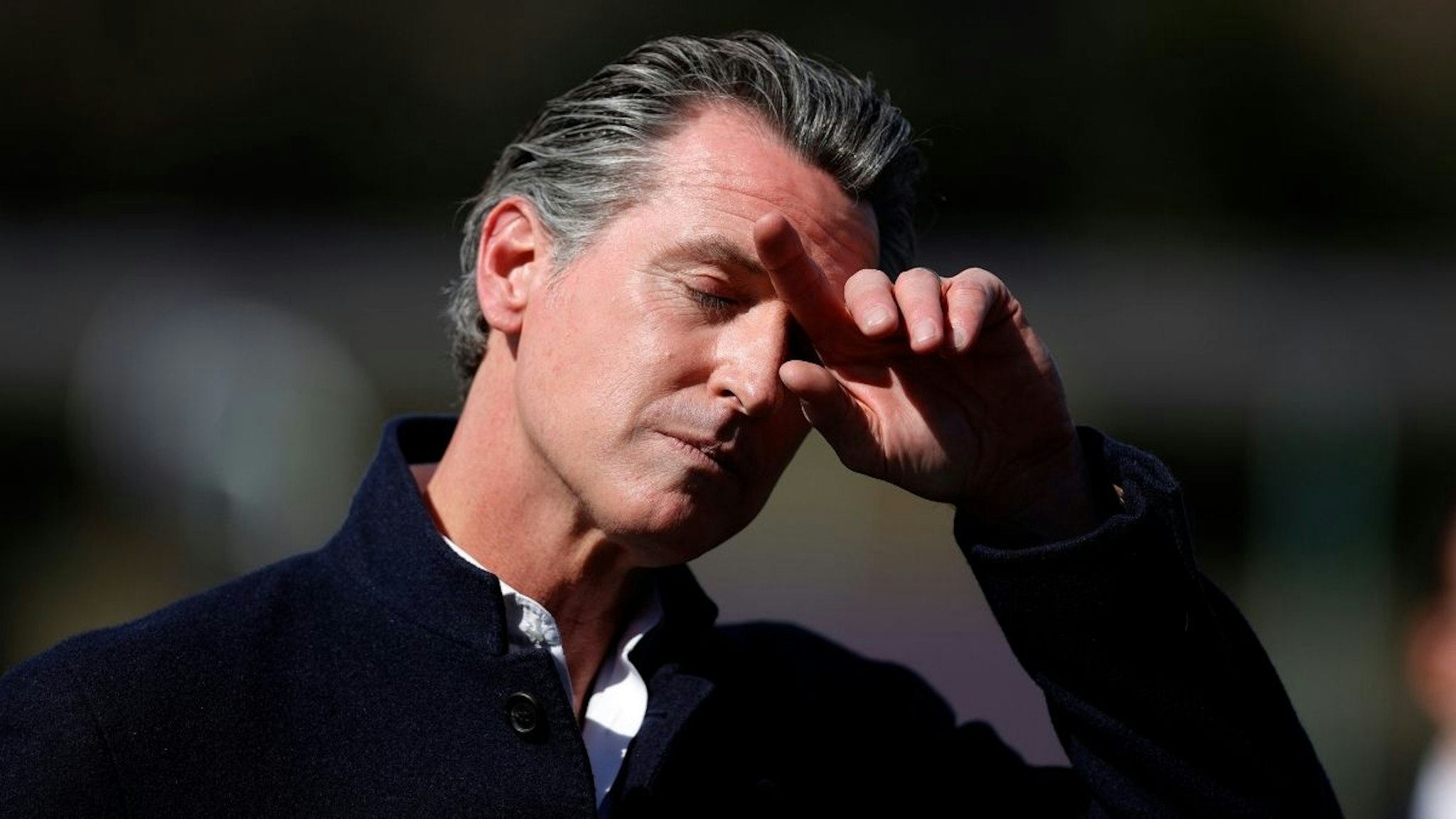 California Gov. Gavin Newsom pauses during a news conference after touring Barron Park Elementary School on March 02, 2021 in Palo Alto, California.