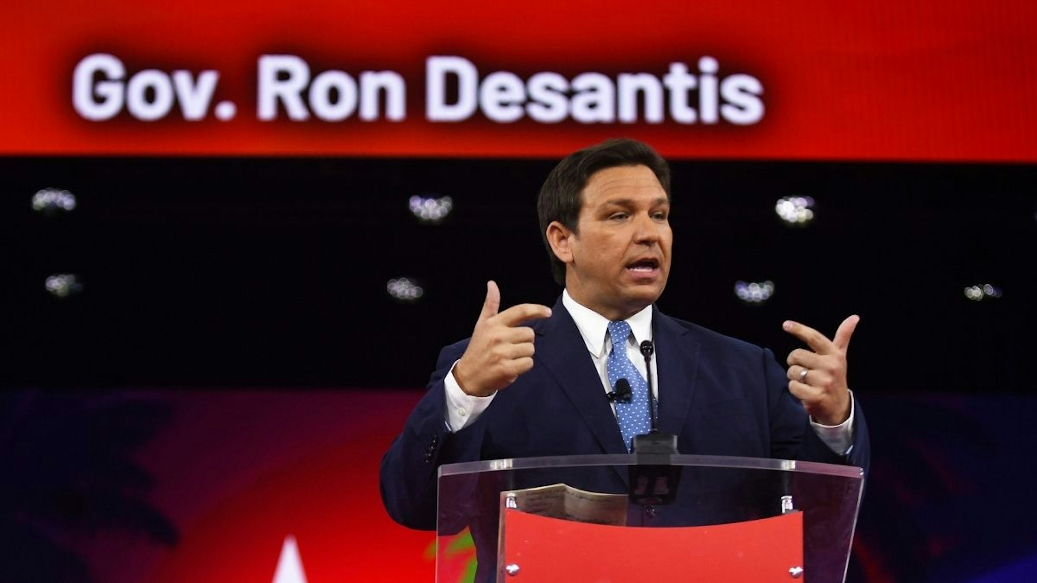 Florida Republican Governor Ron DeSantis addresses attendees on day one of the 2022 Conservative Political Action Conference (CPAC) in Orlando.