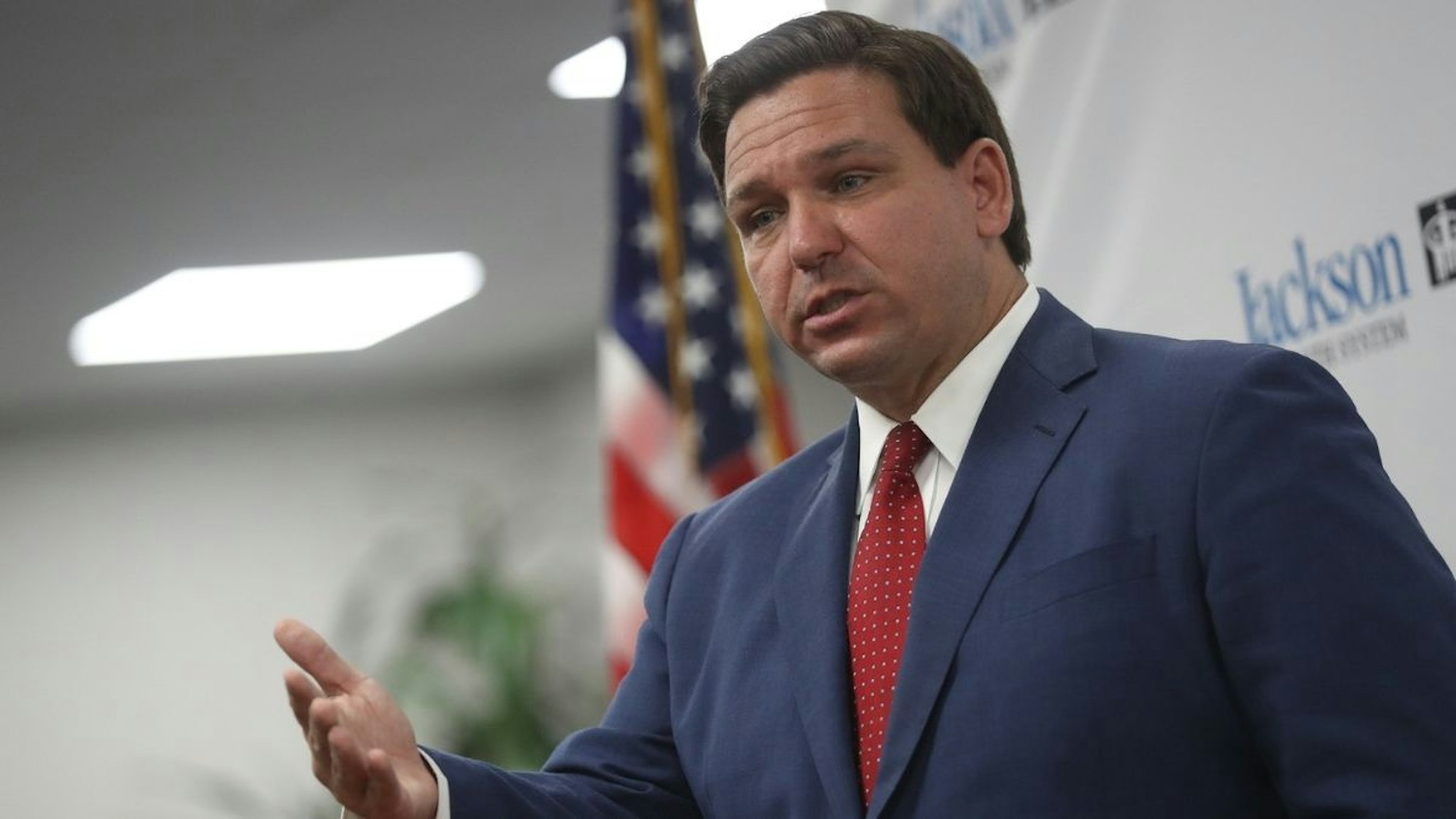 Florida Gov. Ron DeSantis speaks at a new conference on the surge in coronavirus cases in the state held at the Jackson Memorial Hospital on July 13, 2020 in Miami, Florida.