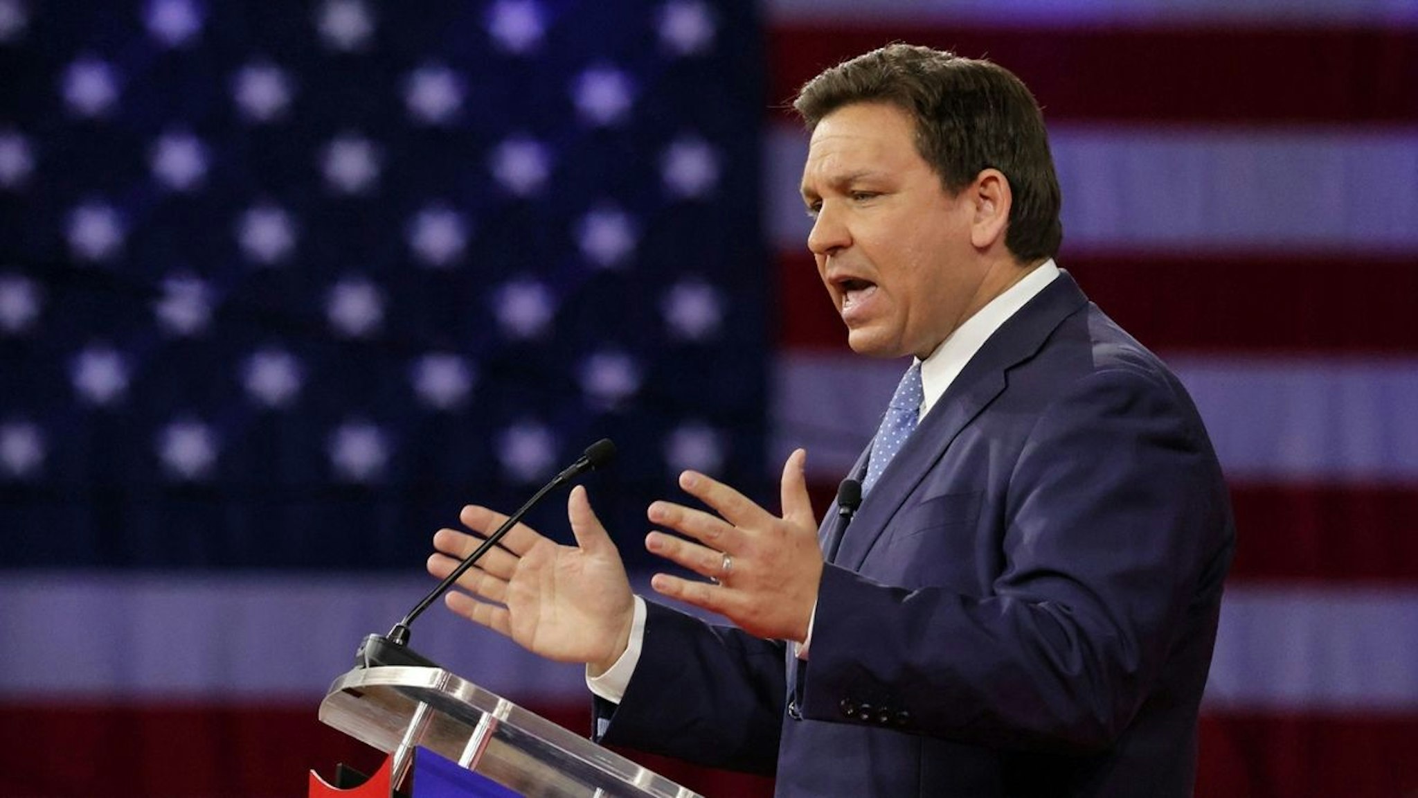 Florida Governor Ron DeSantis delivers remarks at the 2022 CPAC conference at the Rosen Shingle Creek in Orlando, Thursday, Feb. 24, 2022.