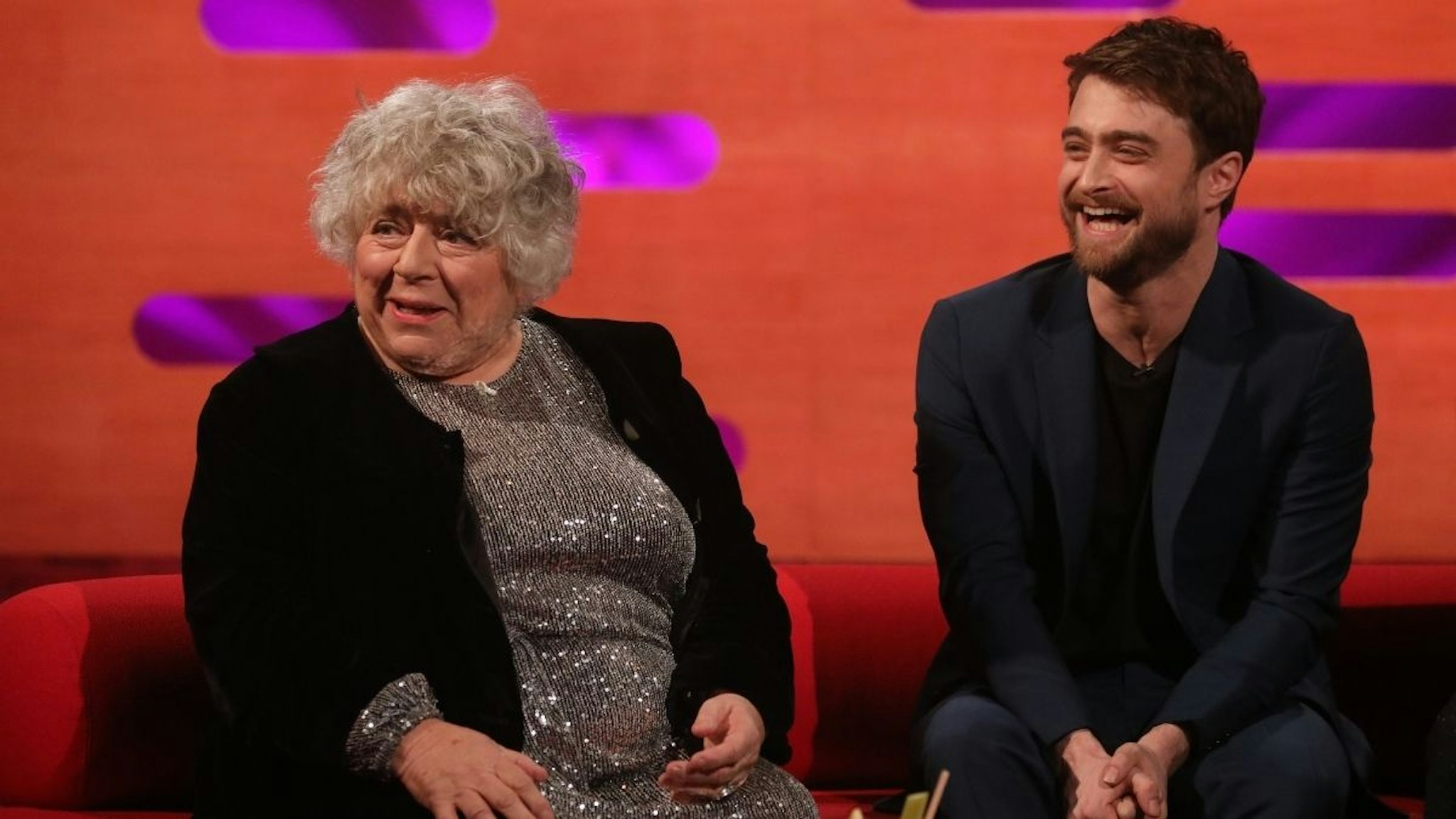 Miriam Margolyes and Daniel Radcliffe during the filming for the Graham Norton Show at BBC Studioworks 6 Television Centre, Wood Lane, London, to be aired on BBC One on Friday evening.