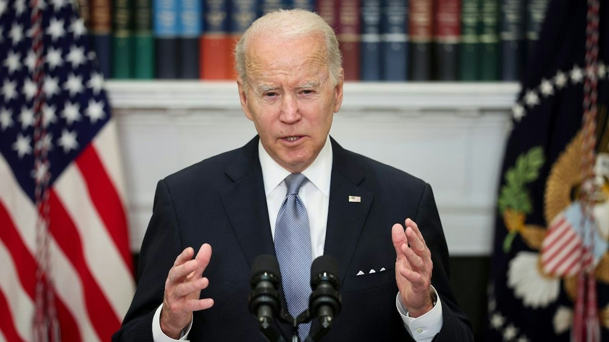 U.S. President Joe Biden delivers remarks on Russia and Ukraine from the Roosevelt Room of the White House on April 21, 2022 in Washington, DC. Biden announced an additional $800 million in military aid to Ukraine, including heavy artillery, drones and ammunition.