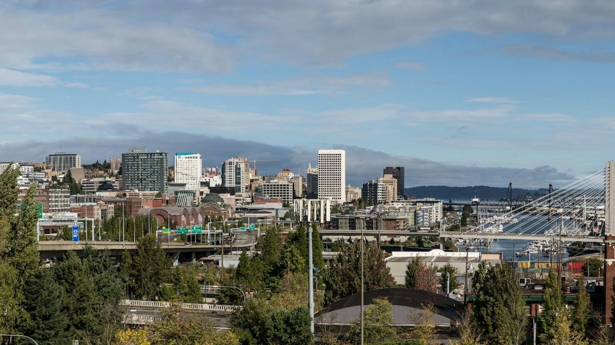 The downtown and Port is viewed from the LeMay-America's Car Museum on September 21, 2021, in Tacoma, Washington.