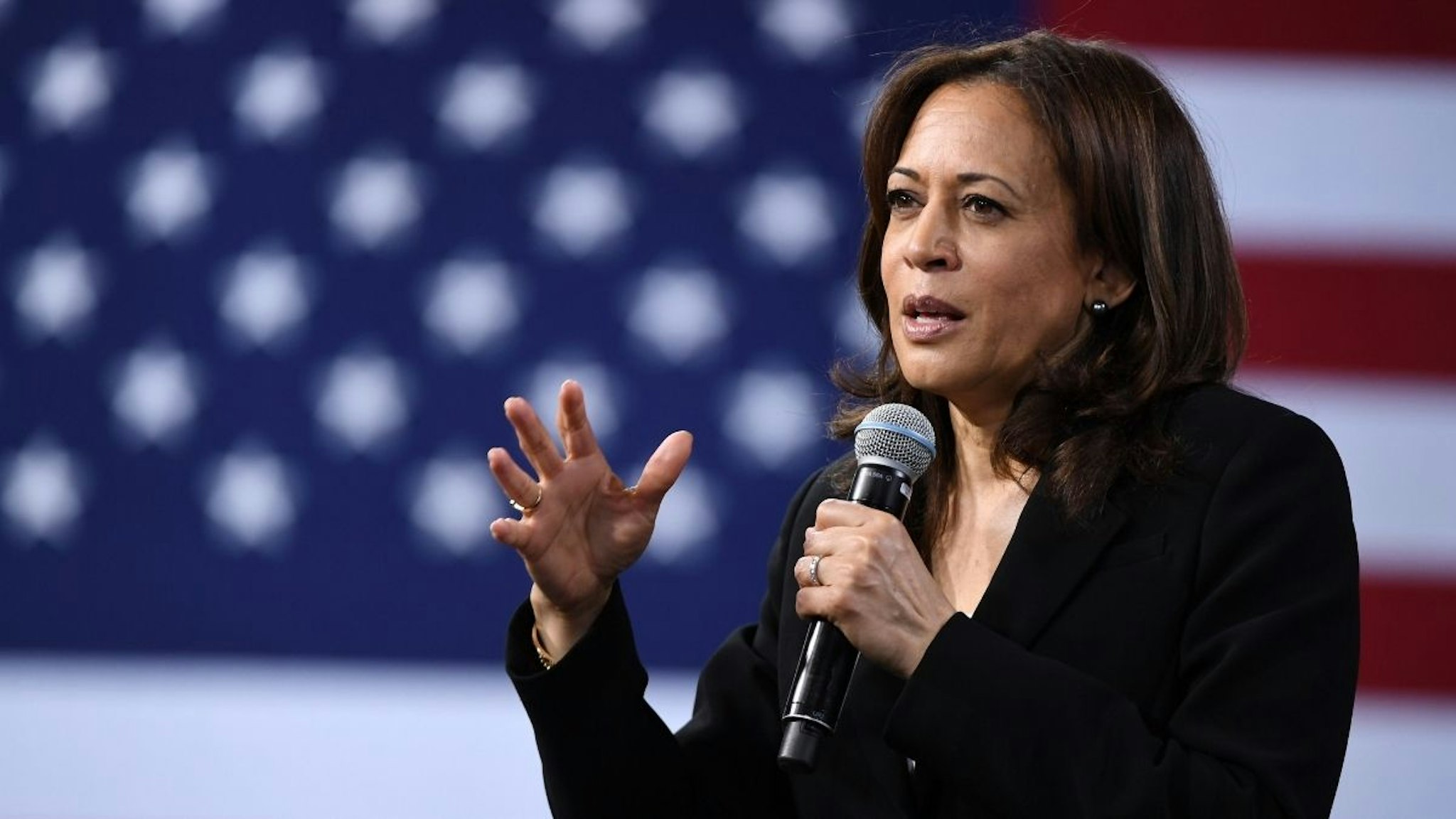 Democratic presidential candidate (and future US Vice President) US Senator Kamala Harris (D-CA) speaks at the National Forum on Wages and Working People: Creating an Economy That Works for All at Enclave, Las Vegas, Nevada, April 27, 2019.