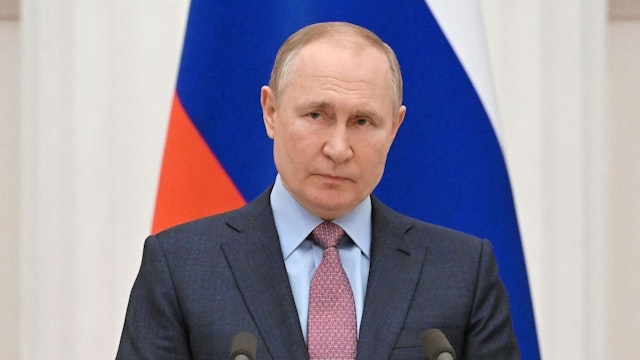 Russia's President Vladimir Putin attends a press conference with his Belarus counterpart, following their talks at the Kremlin in Moscow on February 18, 2022.