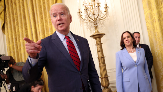 WASHINGTON, DC - JUNE 24: U.S. President Joe Biden, joined by Vice President Kamala Harris, takes a reporters question after delivering remarks on the Senate's bipartisan infrastructure deal at the White House on June 24, 2021 in Washington, DC. Biden said both sides made compromises on the nearly $1 trillion infrastructure bill.