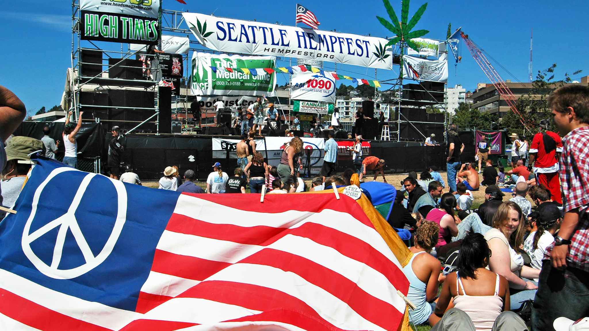 [UNVERIFIED CONTENT] Seattle HempFest in August 2006, a 1960s-style love-in for all things hemp and marijuana at a waterfront park near downtown. Lots of people, pipes and bongs, hemp-seed brownies, hemp clothing, music and the politics of marijuana legalization -- mixed with sun and the occasional whiff of cannibis, despite the heavy police presence.