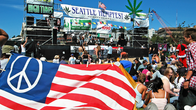 [UNVERIFIED CONTENT] Seattle HempFest in August 2006, a 1960s-style love-in for all things hemp and marijuana at a waterfront park near downtown. Lots of people, pipes and bongs, hemp-seed brownies, hemp clothing, music and the politics of marijuana legalization -- mixed with sun and the occasional whiff of cannibis, despite the heavy police presence.