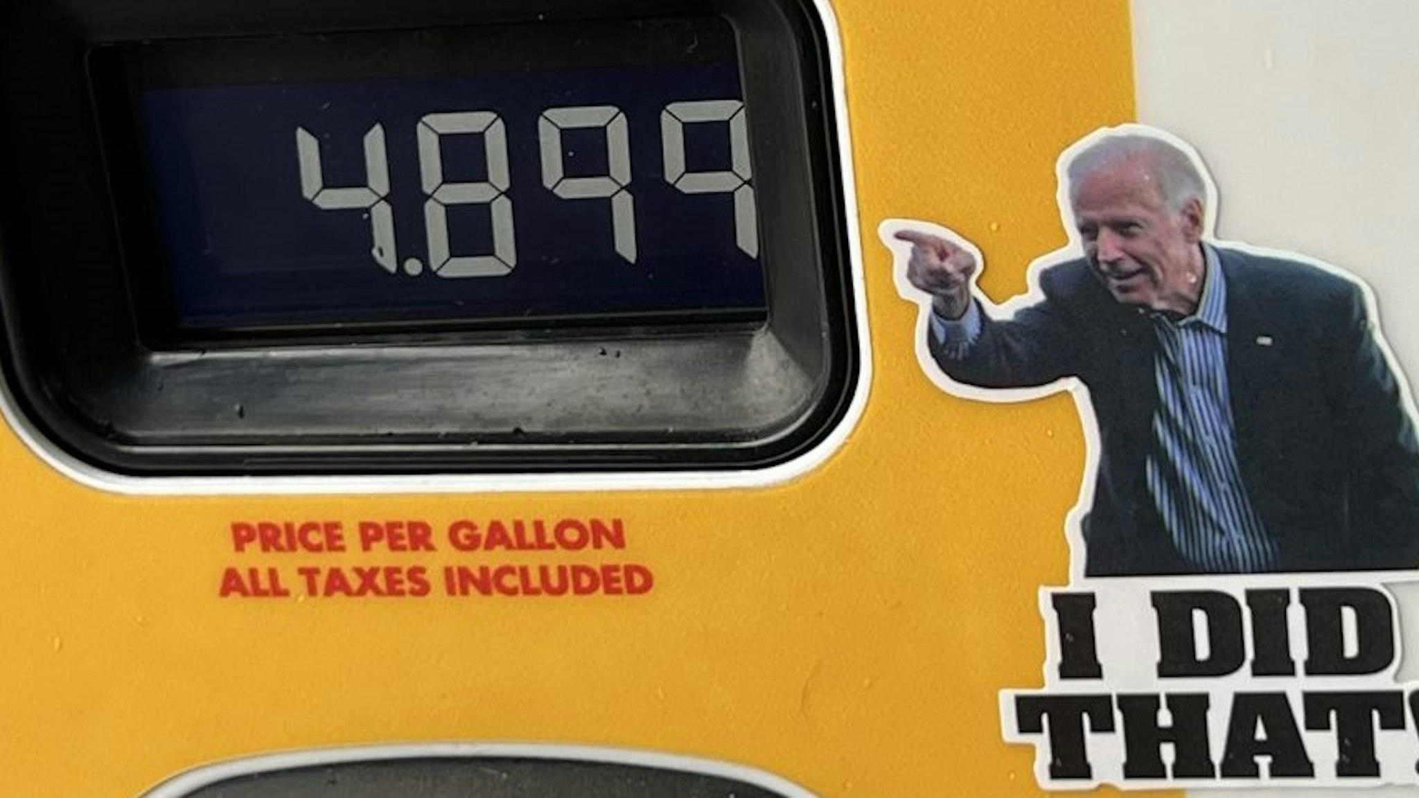 A satirical protest sticker critical of American President Joe Biden, with text reading I Did That, has been placed on a gasoline pump in Lafayette, California, likely to imply responsibility for high gasoline prices, December 29, 2021. (Photo by