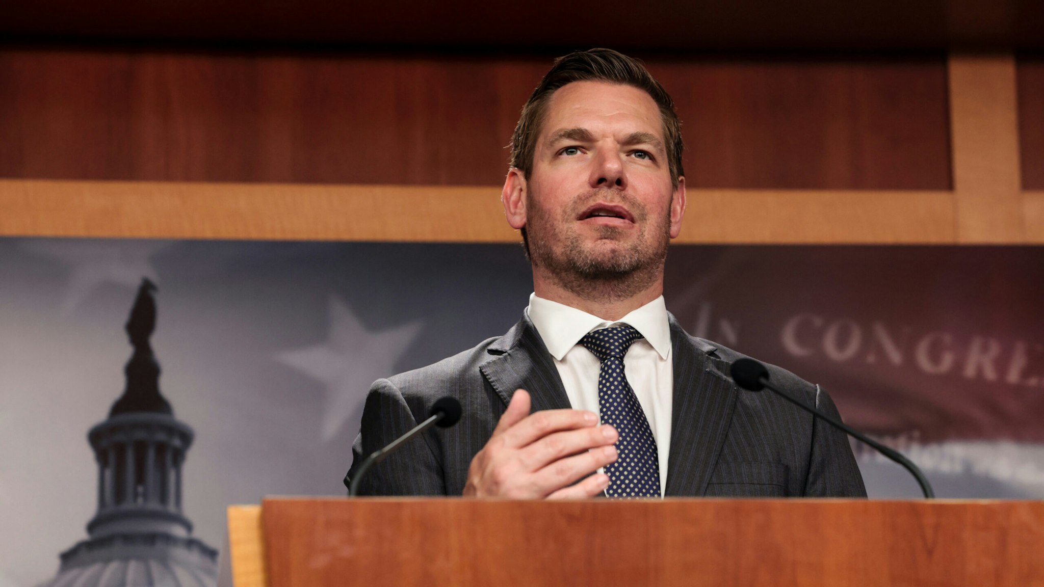 Rep. Eric Swalwell (D-CA) speaks alongside Sen. Jack Reed (D-RI) during a news conference on the introduction of their Protection from Abusive Passengers Act at the U.S. Capitol Building on April 06, 2022 in Washington, DC.