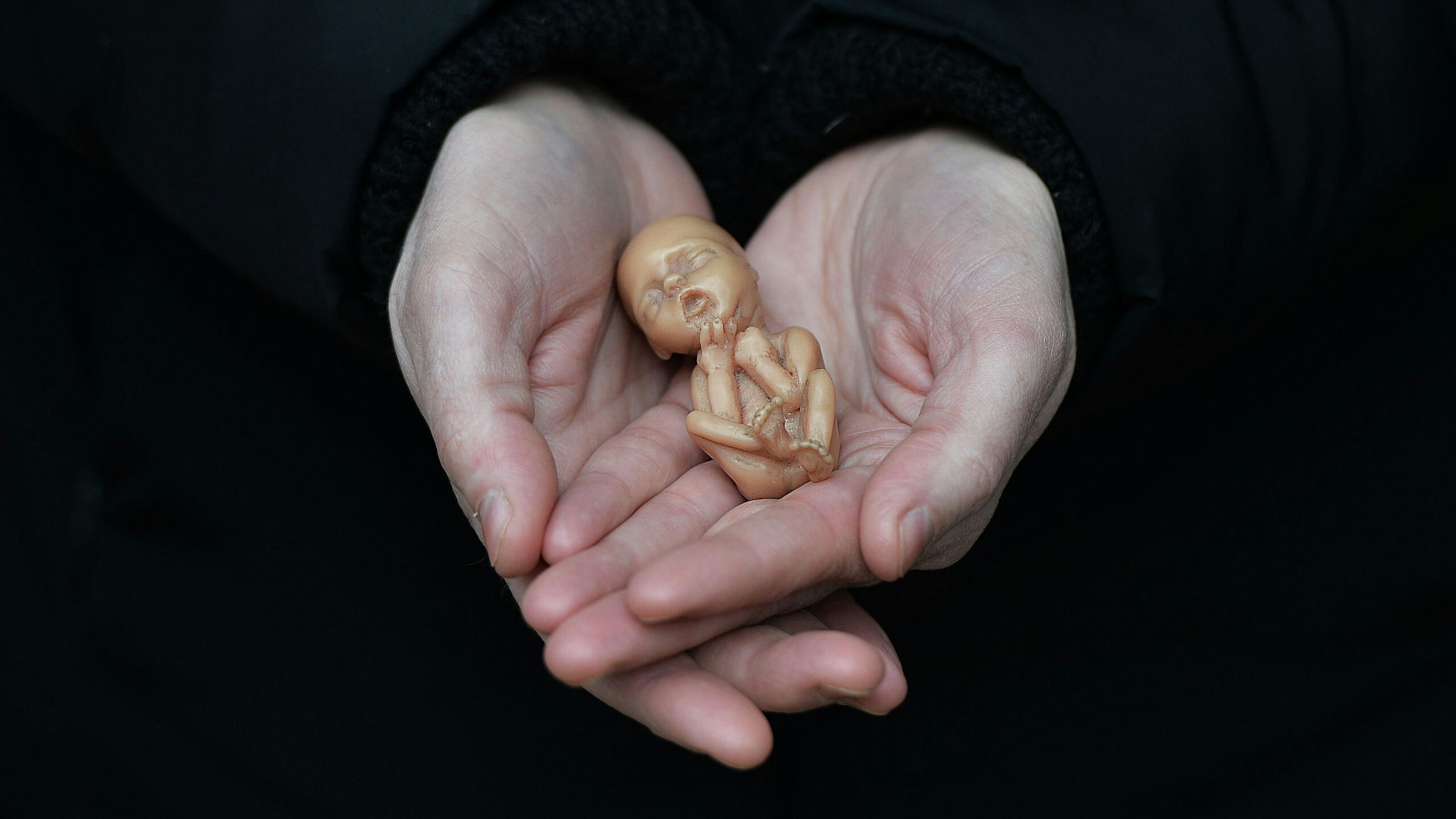 A Pro Life campaigner displays a plastic doll representing a 12 week old foetus as she stands outside the Marie Stopes Clinic on April 7, 2016 in Belfast, Northern Ireland.