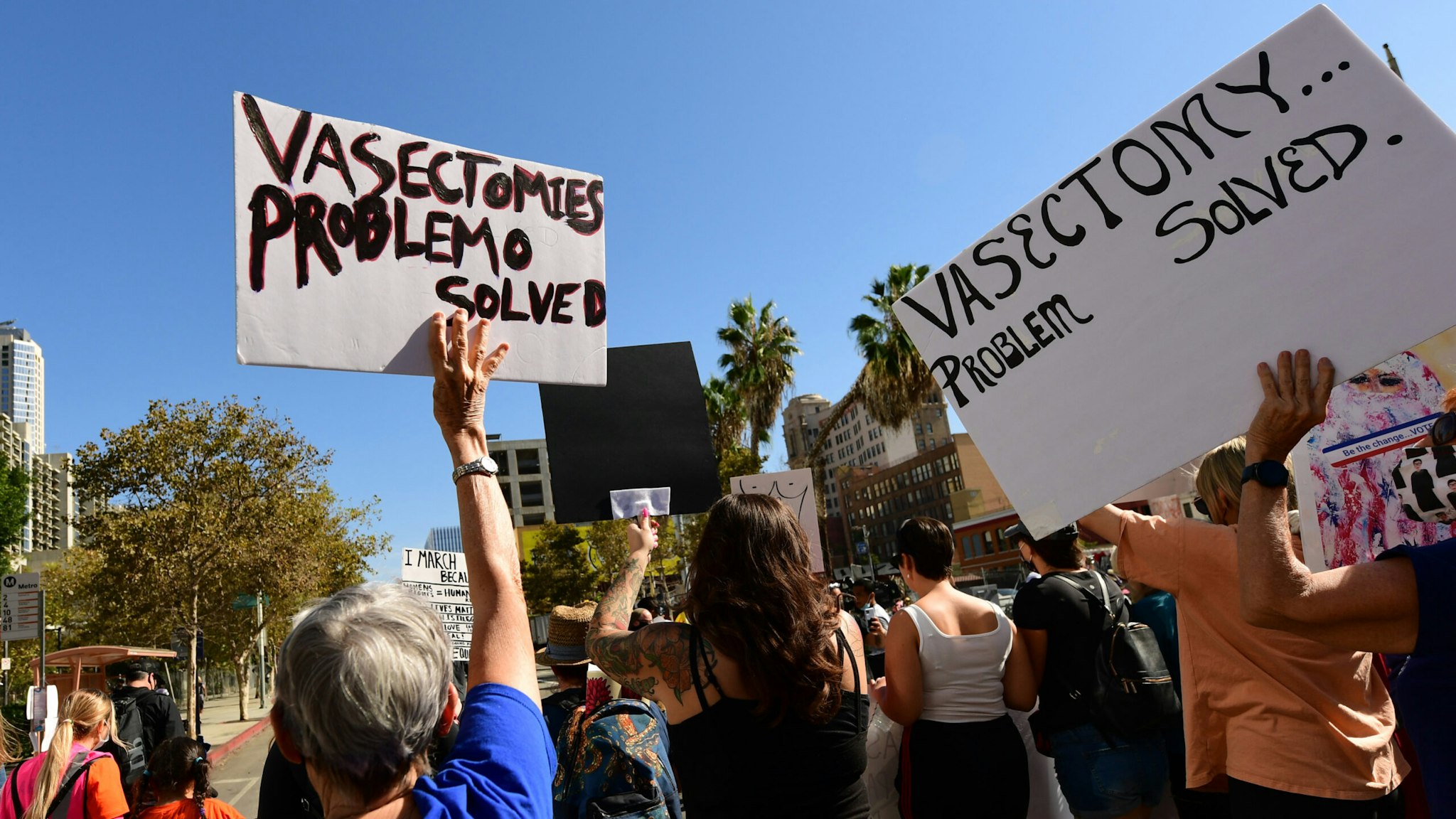 Activists participate in the Women's March Action: March 4 Reproductive Rights from Pershing Square to Los Angeles City Hall on October 02, 2021 in Los Angeles, California.
