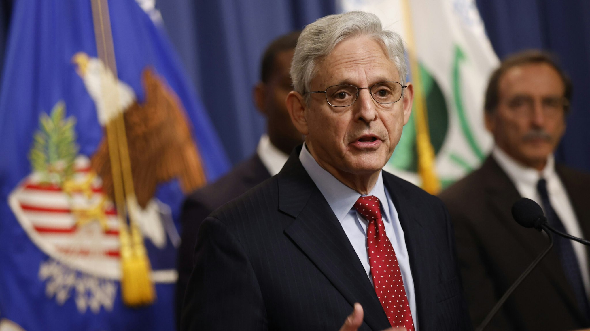 Merrick Garland, U.S. attorney general, speaks during a news conference at the Department of Justice (DOJ) in Washington, D.C., U.S., on Thursday, May 5, 2022.