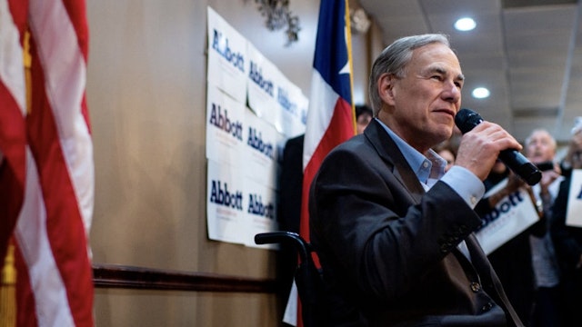 Texas Governor Abbott Campaigns For Reelection In Houston HOUSTON, TEXAS - FEBRUARY 23: Texas Gov. Greg Abbott speaks during the 'Get Out The Vote' campaign event on February 23, 2022 in Houston, Texas. Gov. Greg Abbott joined staff at Fratelli's Ristorante to campaign for reelection and encourage supporters ahead of this year's early voting. (Photo by Brandon Bell/Getty Images) Brandon Bell / Staff