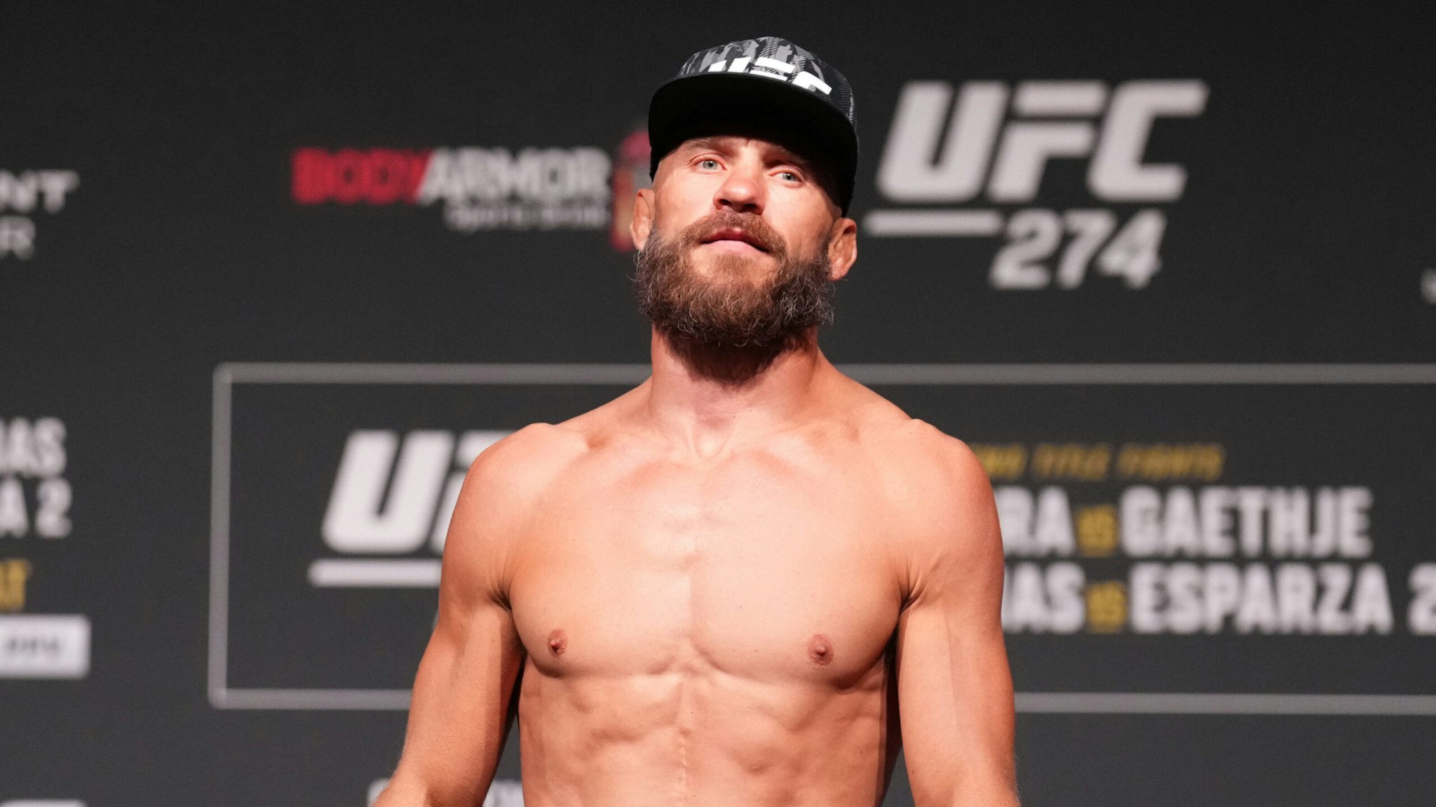Donald 'Cowboy' Cerrone poses on the scale during the UFC 274 ceremonial weigh-in at the Arizona Federal Theatre on May 06, 2022 in Phoenix, Arizona.