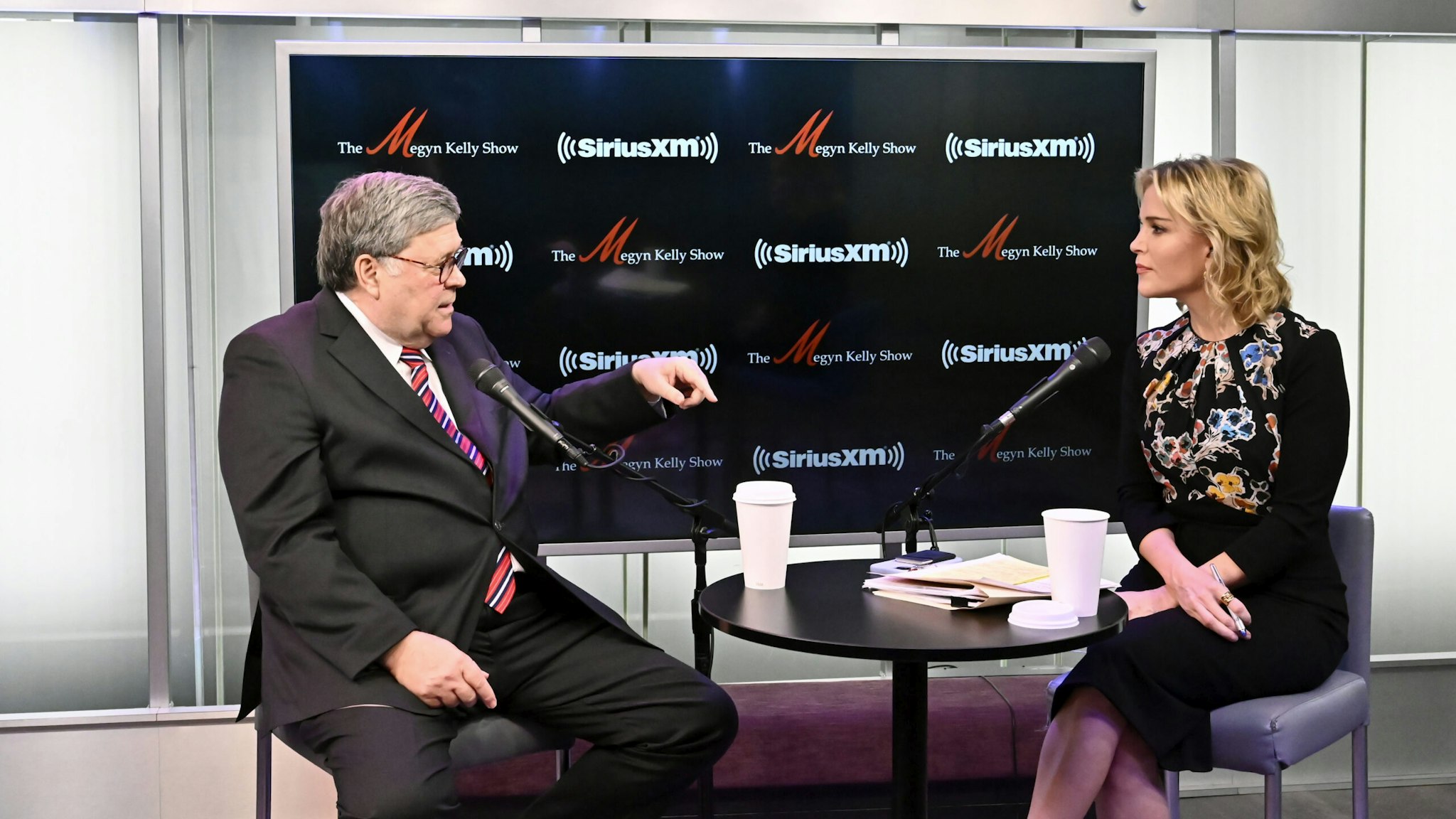 NEW YORK, NEW YORK - MAY 03: SiriusXM's Megyn Kelly talks with former Attorney General Bill Barr during a taping of The Megyn Kelly Show at SiriusXM studios on May 03, 2022 in New York City.