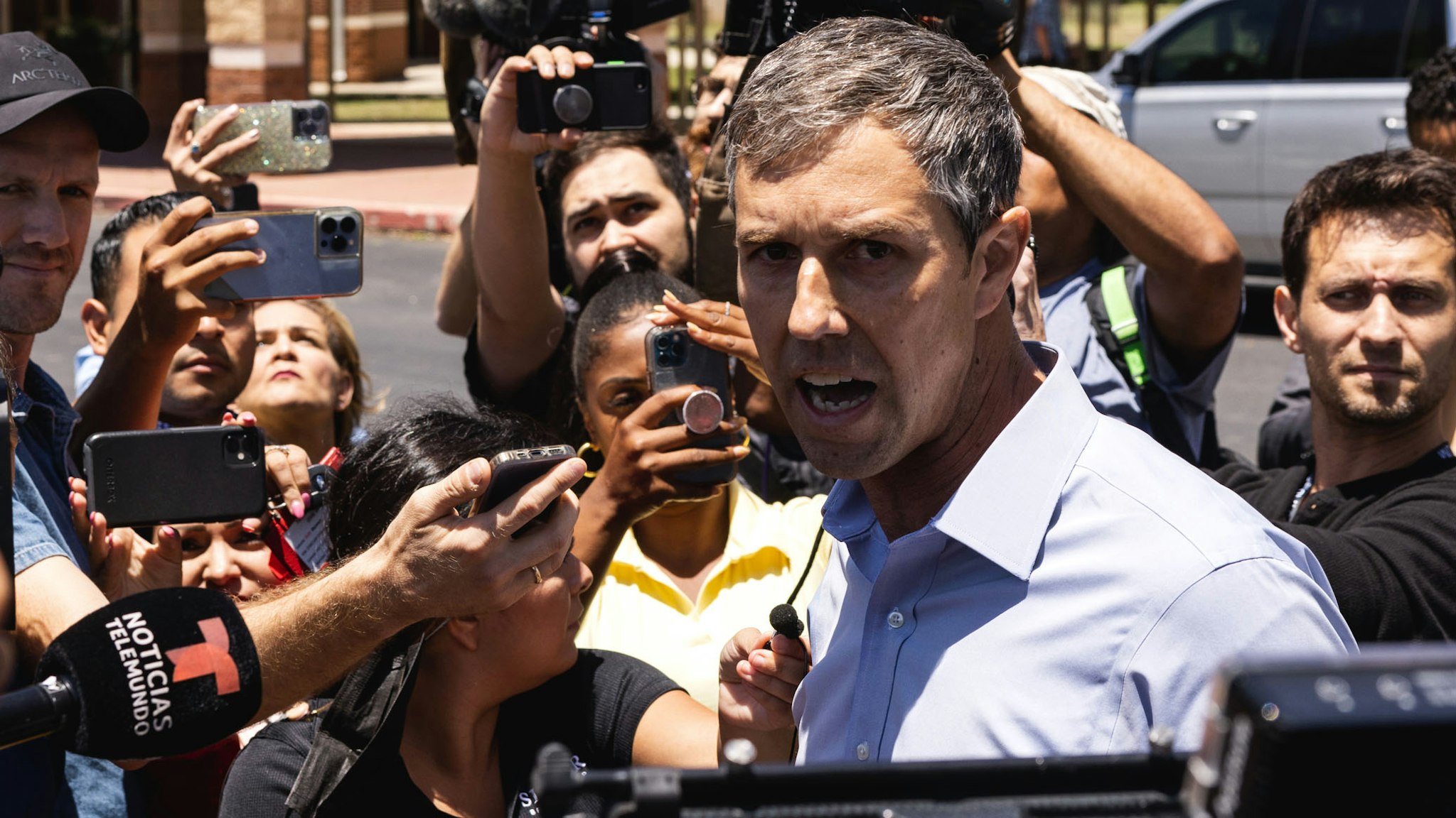 UVALDE, TX - MAY 25: Democratic gubernatorial candidate Beto O'Rourke speaks to the media after interrupting a press conference held by Texas Gov. Greg Abbott on May 25, 2022 in Uvalde, Texas. 21 people were killed, including 19 children, during a mass shooting on May 24 at Robb Elementary School. The shooter, identified as 18 year old Salvador Ramos, was reportedly killed by law enforcement.
