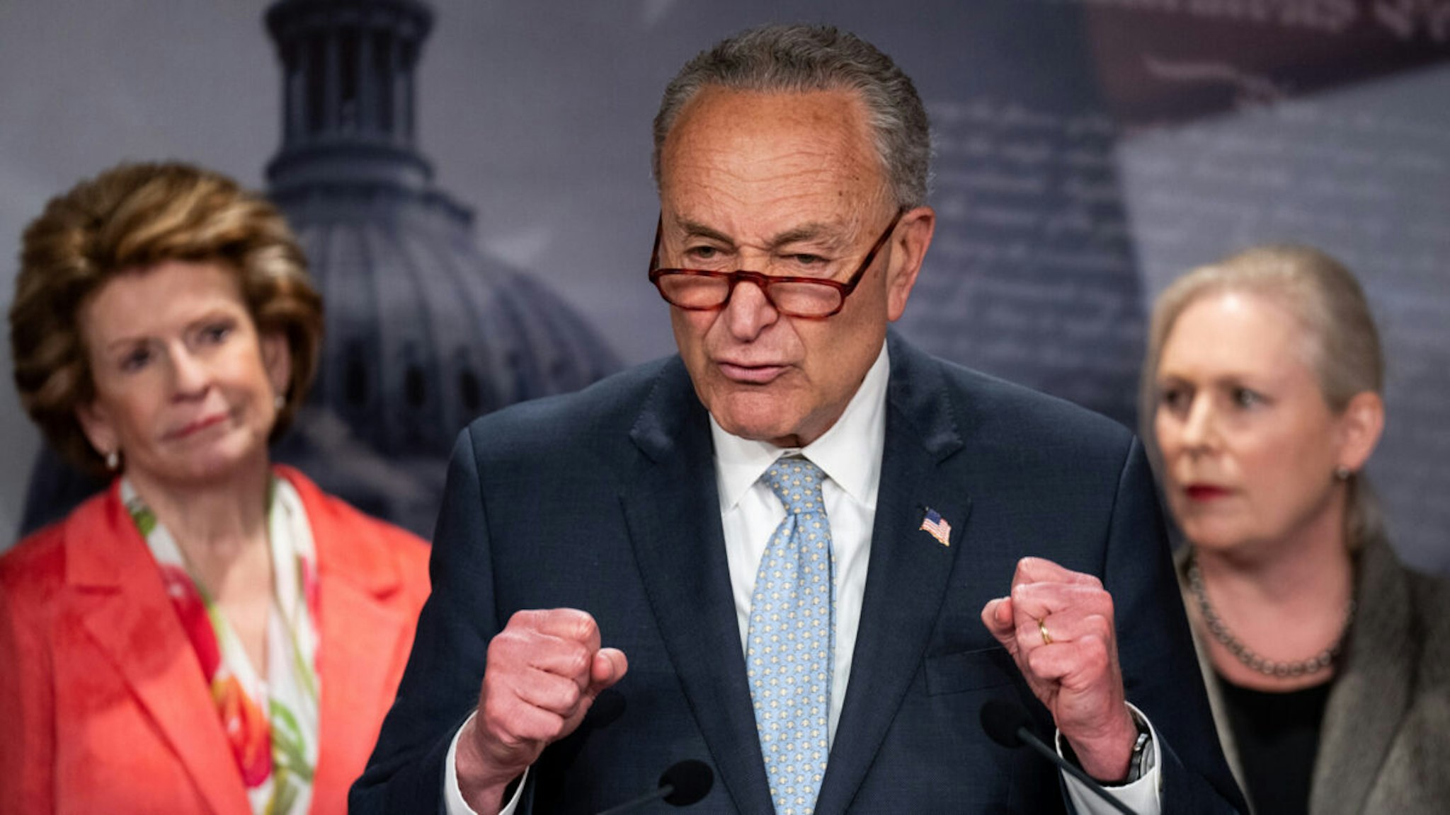 Senate Majority Leader Chuck Schumer, D-N.Y., flanked from left by Sen. Debbie Stabenow, D-Mich., and Sen. Kirsten Gillibrand, D-N.Y., holds a news conference on Thursday, May 5, 2022, to announce the Senate will vote on the Women's Health Protection Act of 2022.