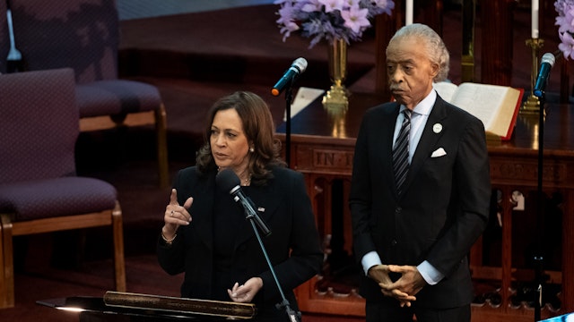 US Vice President Kamala Harris speaks at the memorial service for mass shooting victim Ruth Whitfield in Buffalo, New York, US, on Saturday, May 28, 2022.