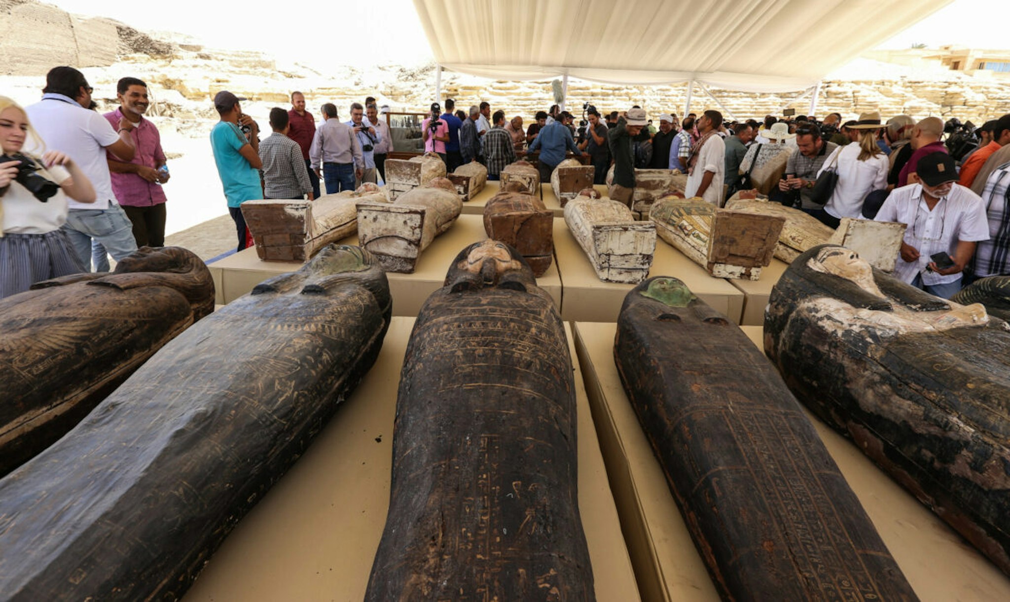The discovery of mummy coffins dating back more than 2,500 years, which were revealed in the ancient Saqqara ring, during an official conference attended by Mustafa Al-Waziri, Secretary-General of the Supreme Council of Egyptian Antiquities, in an area on May 30, 2022 Giza Egypt