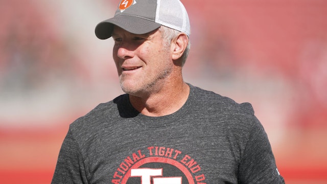 SANTA CLARA, CALIFORNIA - OCTOBER 27: Former NFL quarterback Brett Favre wears a t-shirt that reads "National Tight End Day" prior to the start of an NFL game between the Carolina Panthers and San Francisco 49ers at Levi's Stadium on October 27, 2019 in Santa Clara, California.