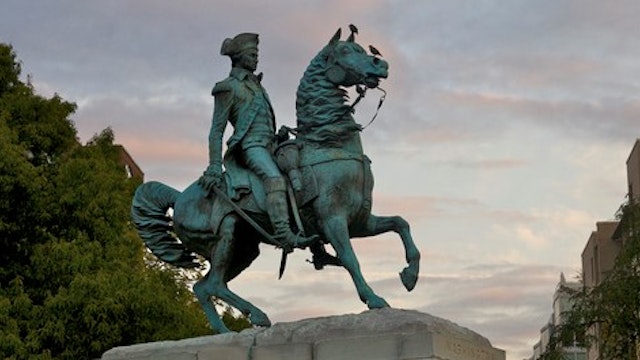 George Washington equestrian statue at Washington Circle, NW, near George Washington University, in early morning, Washington, D.C., U.S.A.