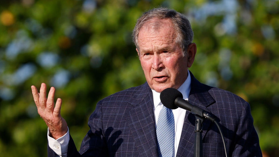 JUNO BEACH, FLORIDA - MAY 07: Former U.S. President George W. Bush speaks during the flag raising ceremony prior to The Walker Cup at Seminole Golf Club on May 07, 2021 in Juno Beach, Florida. (Photo by Cliff Hawkins/Getty Images)