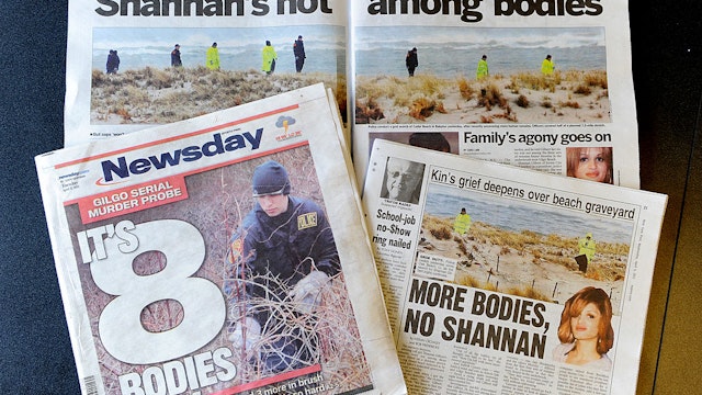 rticles about the recent discovery of bodies near a Long Island, New York beach as seen in April 6 issues of Newsday and the New York Post newspapers April 7, 2011 in New York.