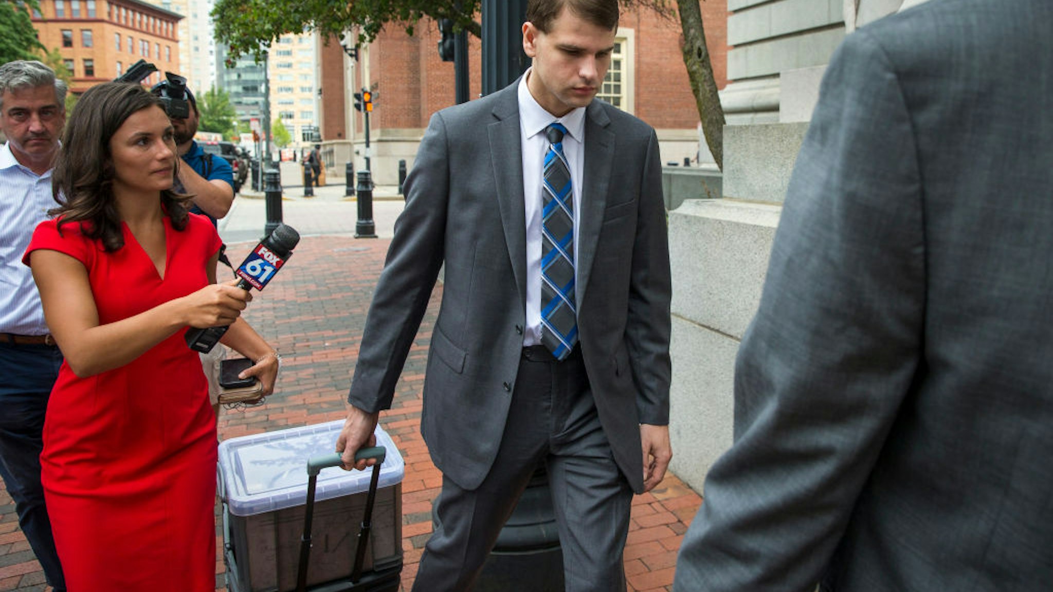 Nathan Carman ignores questions from the media upon his arrival at U.S. District Court for his federal civil trial in Providence, RI on Aug. 21, 2019.