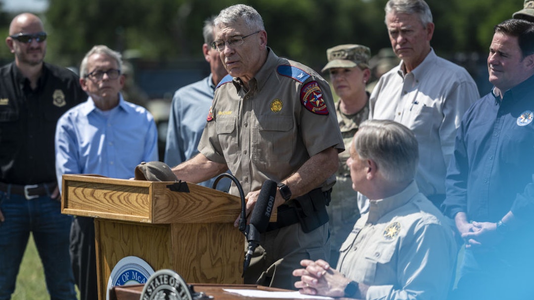 Steven McCraw, director of the Texas Department Of Public Safety, speaks during a news conference in Mission, Texas, U.S., on Wednesday, Oct. 6, 2021. Texas Governor Abbott and Republican state chief executives from around the nation gathered at the border to again call attention to unauthorized immigration across the Rio Grande. Photographer: Sergio Flores/Bloomberg via Getty Images