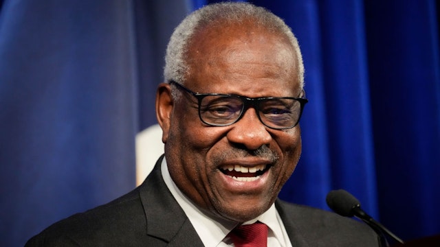 WASHINGTON, DC - OCTOBER 21: Associate Supreme Court Justice Clarence Thomas speaks at the Heritage Foundation on October 21, 2021 in Washington, DC. Clarence Thomas has now served on the Supreme Court for 30 years. He was nominated by former President George H. W. Bush in 1991 and is the second African-American to serve on the high court, following Justice Thurgood Marshall. (Photo by Drew Angerer/Getty Images)