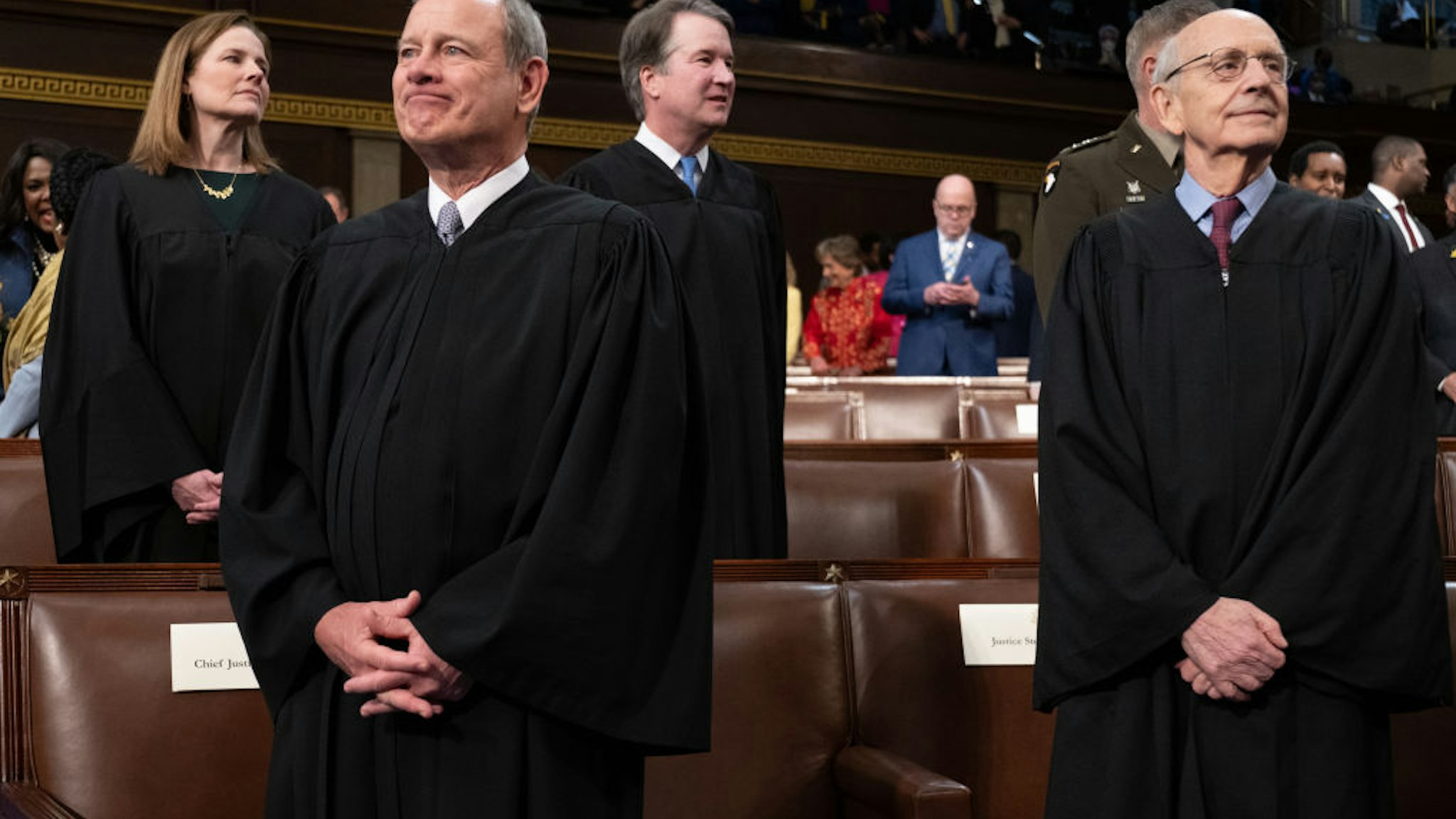 Supreme Court Chief Justice John Roberts and fellow justices attend the State of the Union address by President Joe Biden on March 1, 2022.