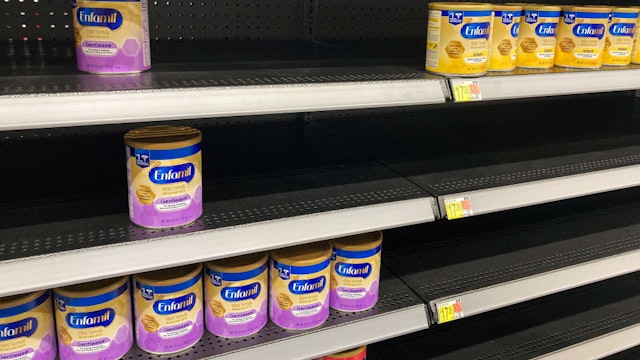 ORLANDO, FLORIDA, UNITED STATES - 2022/05/08: A baby formula display shelf is seen at a Walmart grocery store in Orlando. Stores across the United States have struggled to stock enough baby formula, causing some chains to limit customer purchases. While manufacturers report that they are producing at full capacity, it's still insufficient to meet the current demand, which has been aggravated by product recalls. (Photo by Paul Hennessy/SOPA Images/LightRocket via Getty Images)