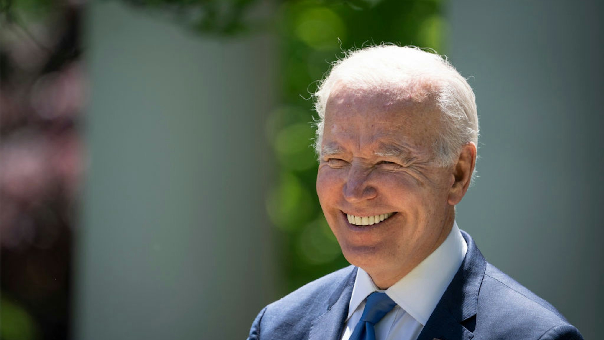 WASHINGTON, DC - MAY 9: U.S. President Joe Biden smiles during an event on high speed internet access for low-income Americans, in the Rose Garden of the White House May 9, 2022 in Washington, DC. The Biden administration announced on Monday that it will partner with internet service providers to lower the cost of high speed internet plans for low-income Americans as part of the Affordable Connectivity Program. The plan would provide high speed internet for no more than $30 a month and an estimated 48 million Americans would qualify. (Photo by Drew Angerer/Getty Images)