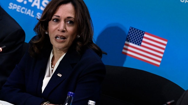 US Vice President Kamala Harris speaks as she meets with the leaders of ASEAN countries, members of the Cabinet, and other Administration officials to discuss climate action, clean energy, and sustainable infrastructure, during the US-ASEAN Special Summit at the State Department in Washington, DC, May 13, 2022. (Photo by OLIVIER DOULIERY / AFP) (Photo by OLIVIER DOULIERY/AFP via Getty Images)