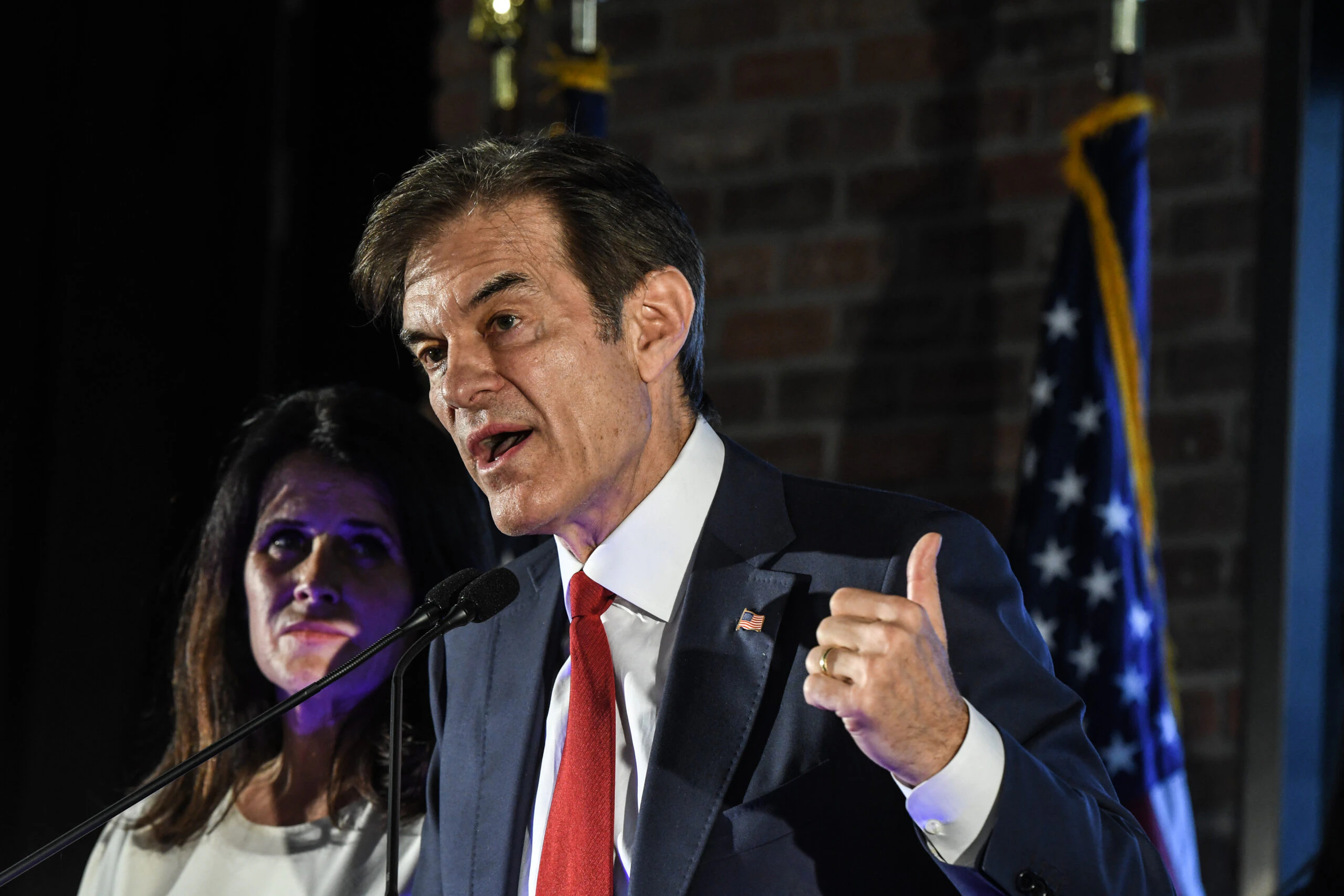 NEWTOWN, PA - MAY 17: Republican U.S. Senate candidate Mehmet Oz greets supporters after the primary race resulted in an automatic re-count due to close results on May 17, 2022 in Newtown, Pennsylvania. Television personality Oz, endorsed by former President Donald Trump, finished in a virtual dead heat with former George W. Bush administration official Dave McCormick with 95 percent of the vote reported.