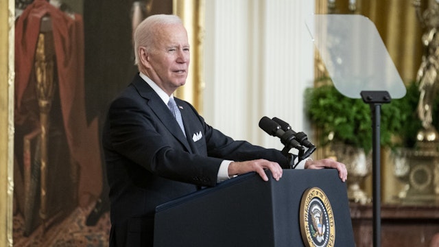 US President Joe Biden speaks before signing an executive order to revise use-of-force policies for federal law enforcement in the East Room of the White House in Washington, D.C., US, on Wednesday, May 25, 2022. On the two-year anniversary of the death of George Floyd at the hands of Minneapolis police, Biden signed the order that would impose new requirements on all federal law-enforcement agencies, including a restriction on no-knock warrants and a ban on choke holds. Photographer: Sarah Silbiger/Bloomberg via Getty Images